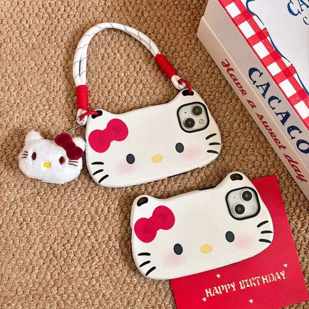 

Чехол для телефона с ремешком на запястье «Hello Kitty» и текстурой кожи с рисунком кожи, чехол для iPhone 16 Pro Max 15 Pro 14 13, защитный чехол для телефона с полным покрытием
