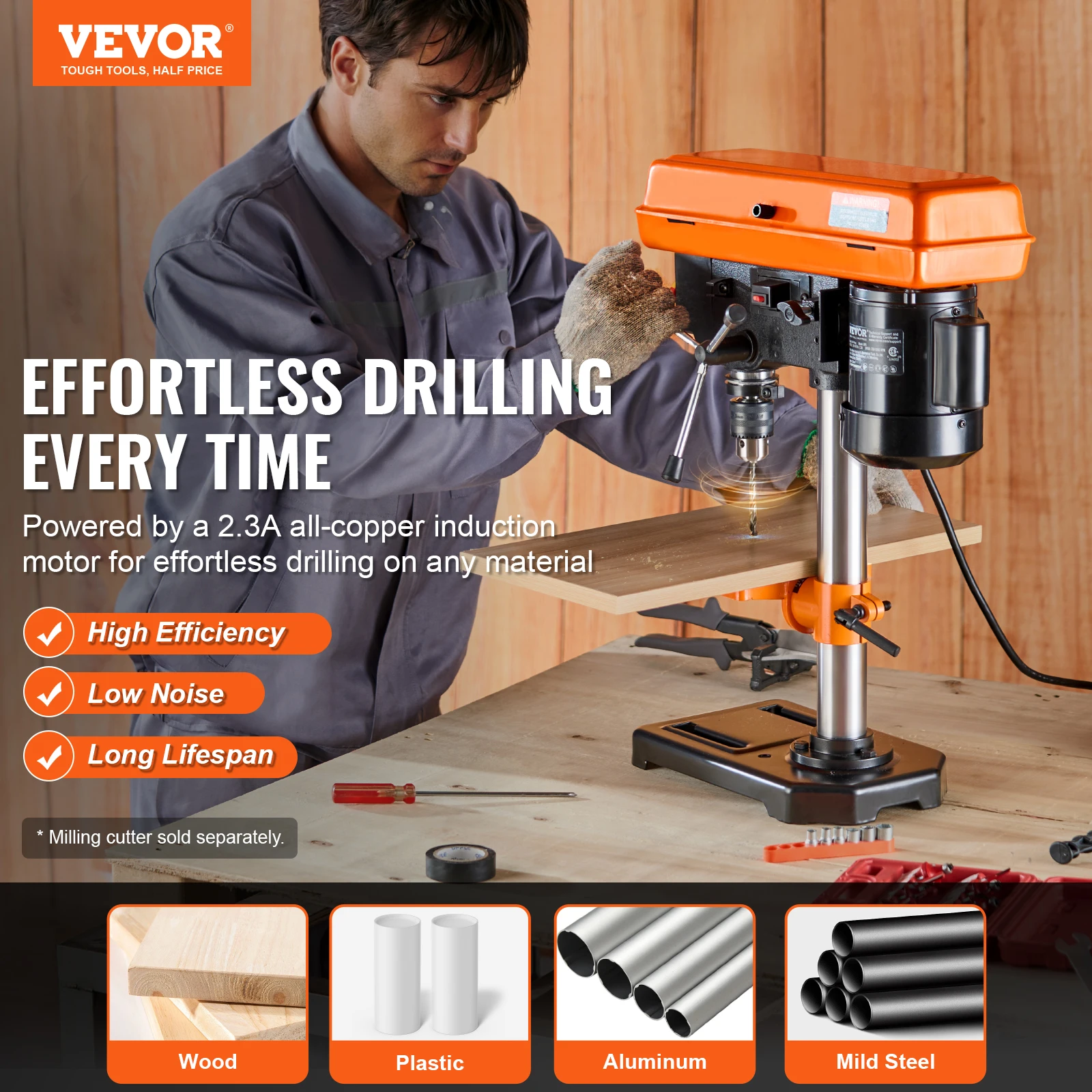 VEVOR 8in Benchtop Drill Press 2.3A Induction Motor Tabletop Drilling Machine 5-Adjustable Speed & LED Work Light for Wood Metal