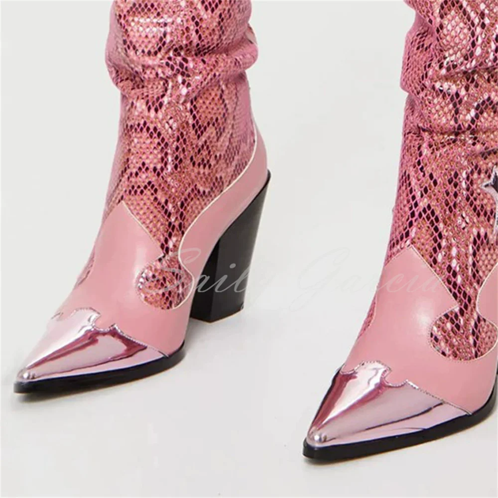 Snake Pattern Print Embroidery Over The Knee Boot Women Pointed Toe Chunky Heel Slip-On Elegant Trendy Novelty Tall Boot