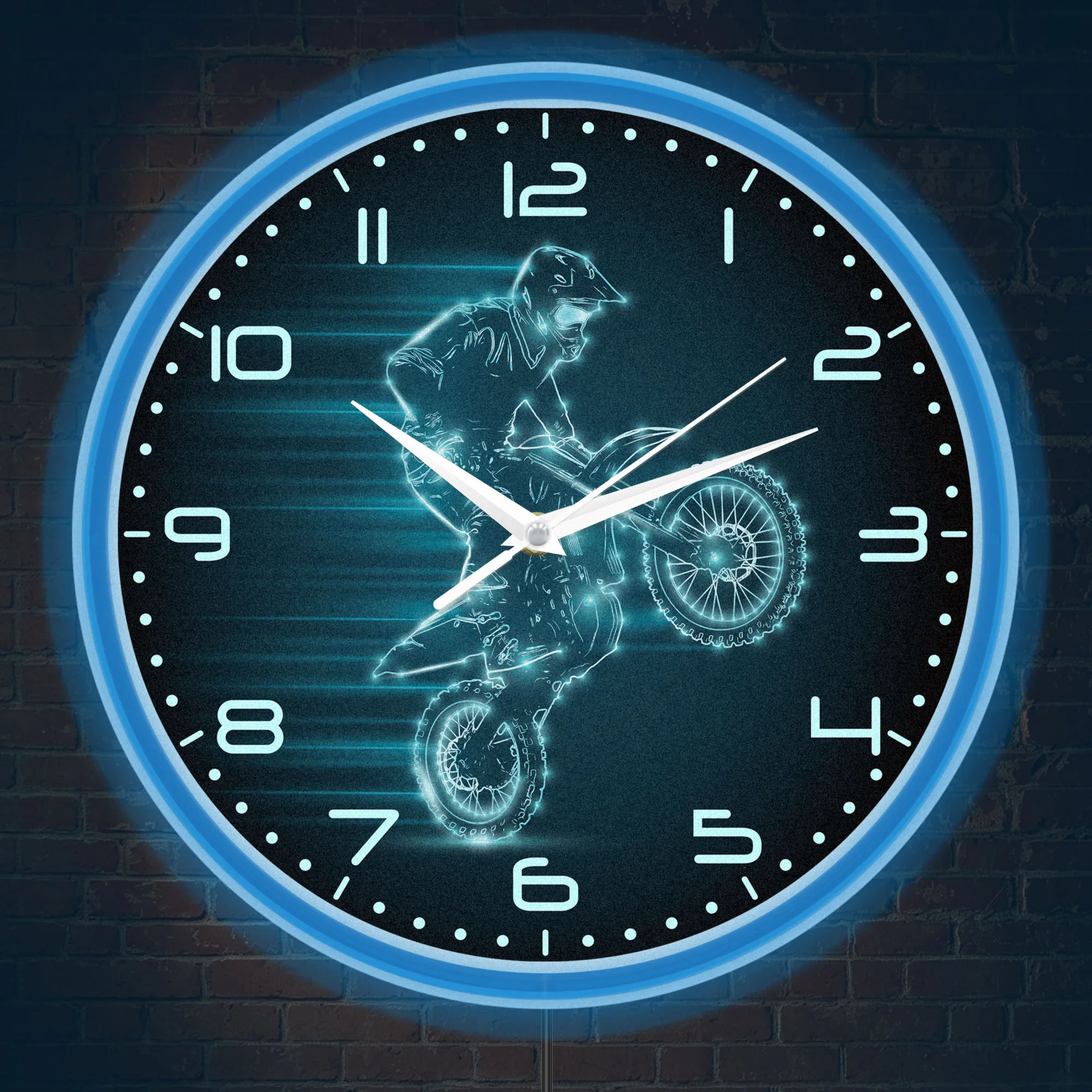 Personalized Name Dirt Bike Rider Wall Clock With Neon Rim Light Custom Motocross Offroad Motorcycle LED Light Up Wall Clock