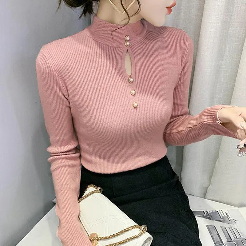 Autumn Winter Korean Basic Top Female Sexy Hollow Chic Elegant Slim Pullover Knitted Sweater Long Sleeve Women's Clothing Jumper
