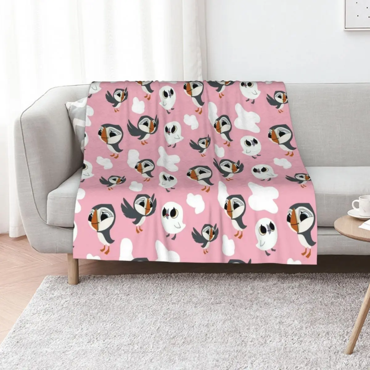 Couverture à motif répété Puffin Rock de couleur rose, couverture élégante pour canapé, pour la maison et le salon