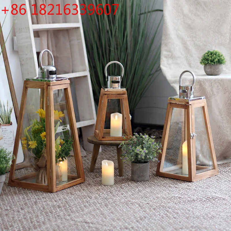 

Nordic wood glass wind lamp living room model room desktop candlestick decoration