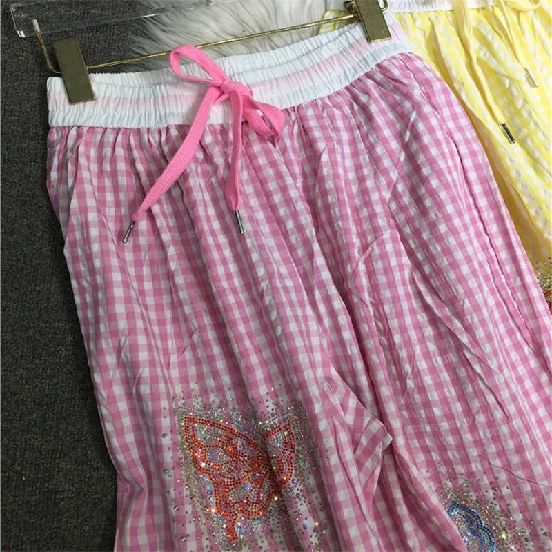 เพชรเจาะกางเกงผู้หญิงลดอายุผีเสื้อลายสก๊อตขาตรงเอวกางเกงขากว้างผ้าฝ้ายฤดูร้อนกางเกงบาง