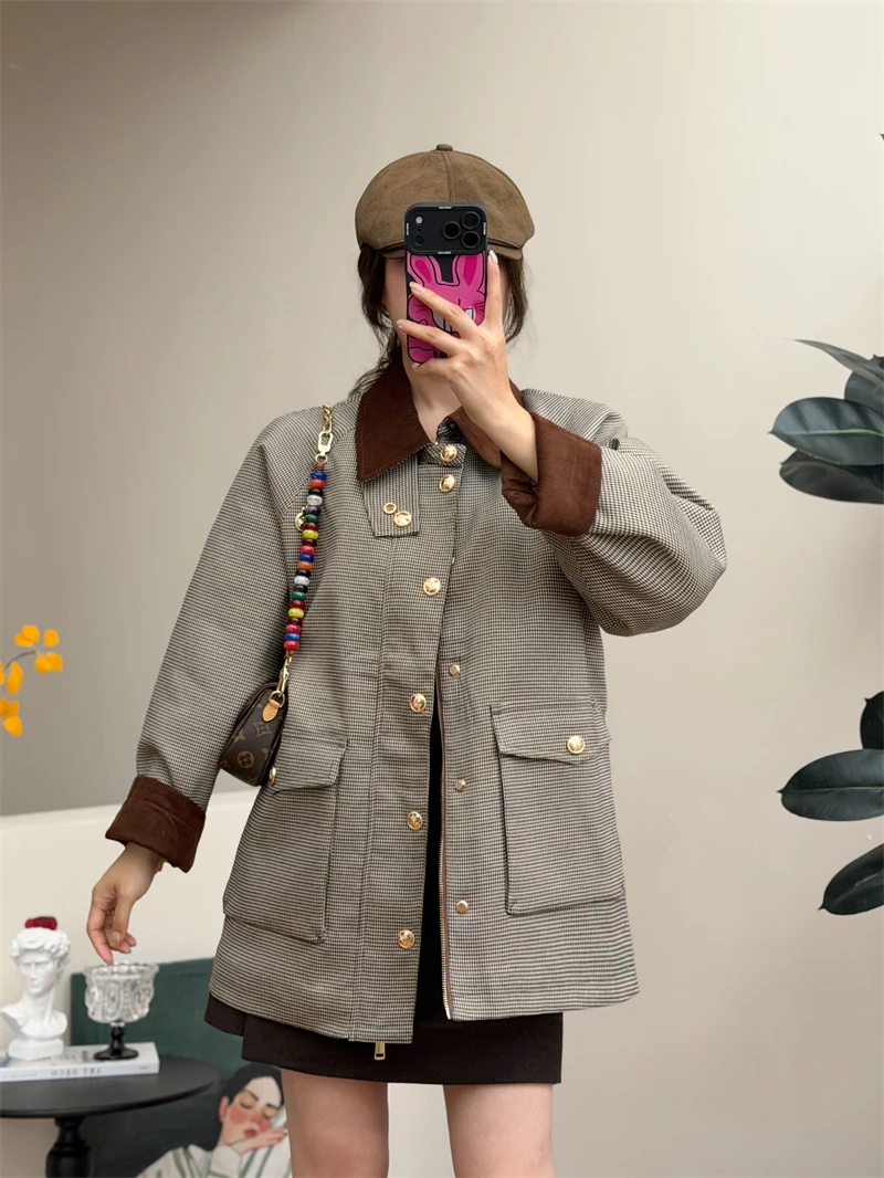 

Винтажная клетчатая хлопковая куртка женская свободного кроя с отложным воротником, осенне-зимняя верхняя одежда с эффектом похудения MS.SUUPEER