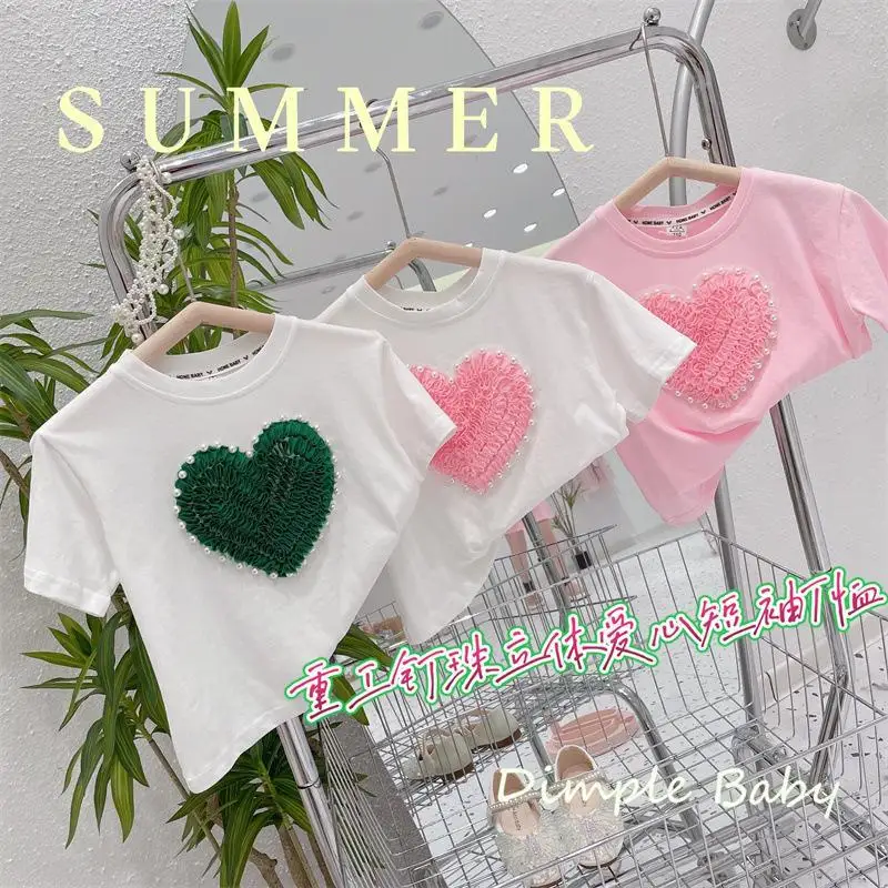 Girls Sweet Fashion Heart Flower Pearls Cotton Short Sleeve T-shirts Baby Kids Children Tee 2-7 Years