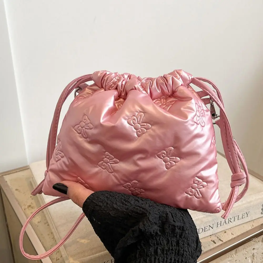 Sweet Korean Style Padded Drawstring Crossbody Bag Bowknot Trendy Down Cotton Handbag Pure Color Niche Design Shoulder Bag Women