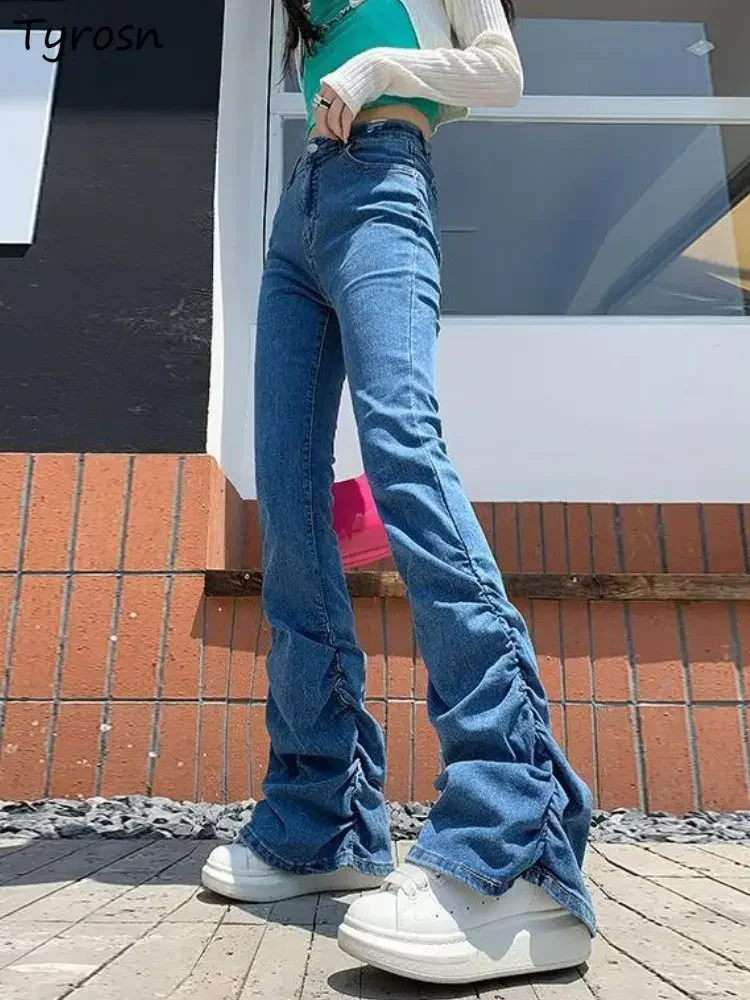 

Джинсы женские S-4XL со складками новые стильные универсальные ампирные простые женские джинсовые брюки-клеш в корейском стиле весна ретро для отдыха