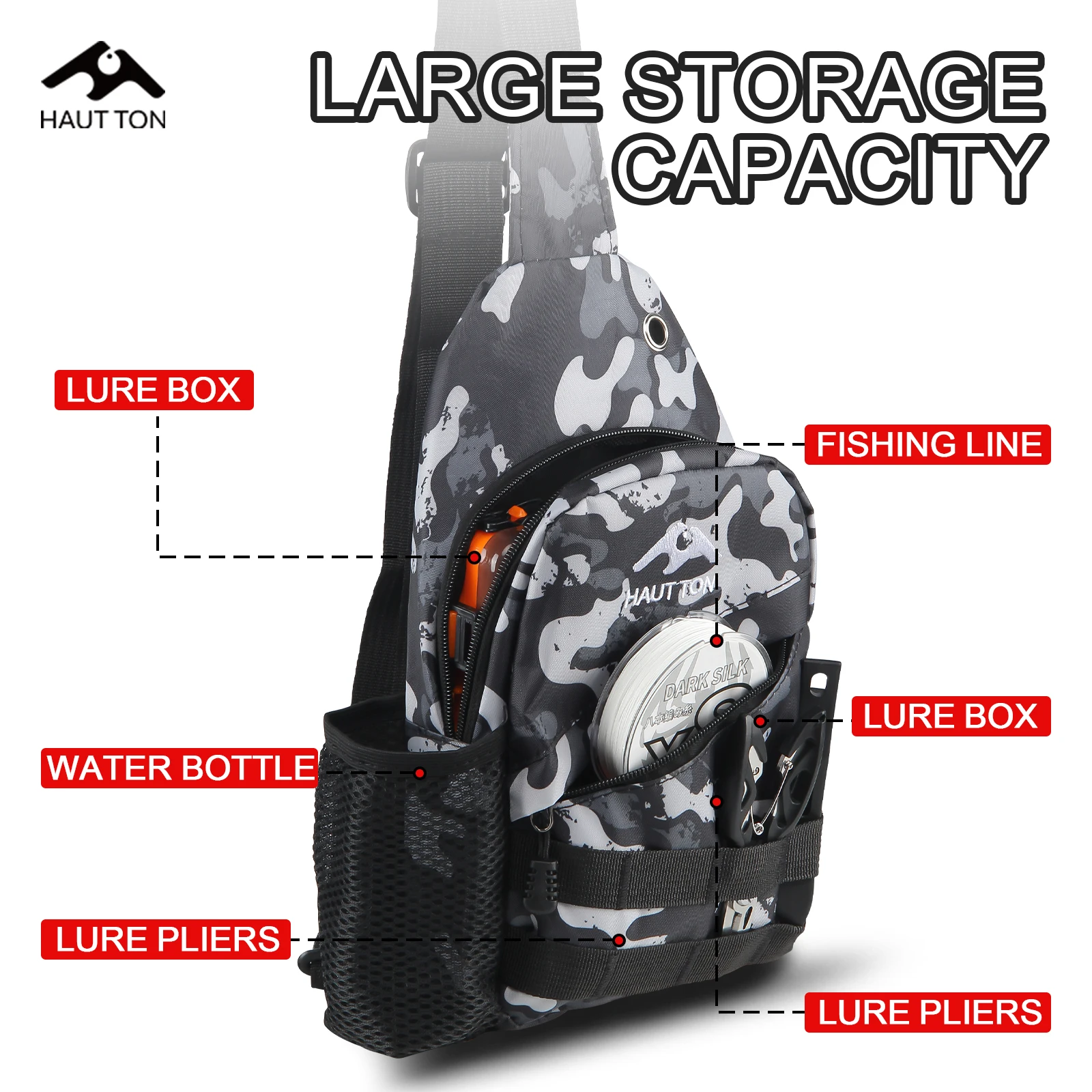 حقيبة ظهر HAUT TON متعددة الوظائف لصيد الأسماك في الهواء الطلق وخفيفة الوزن ومحمولة من أكسفورد مقاومة للماء ومقاومة للاهتراء