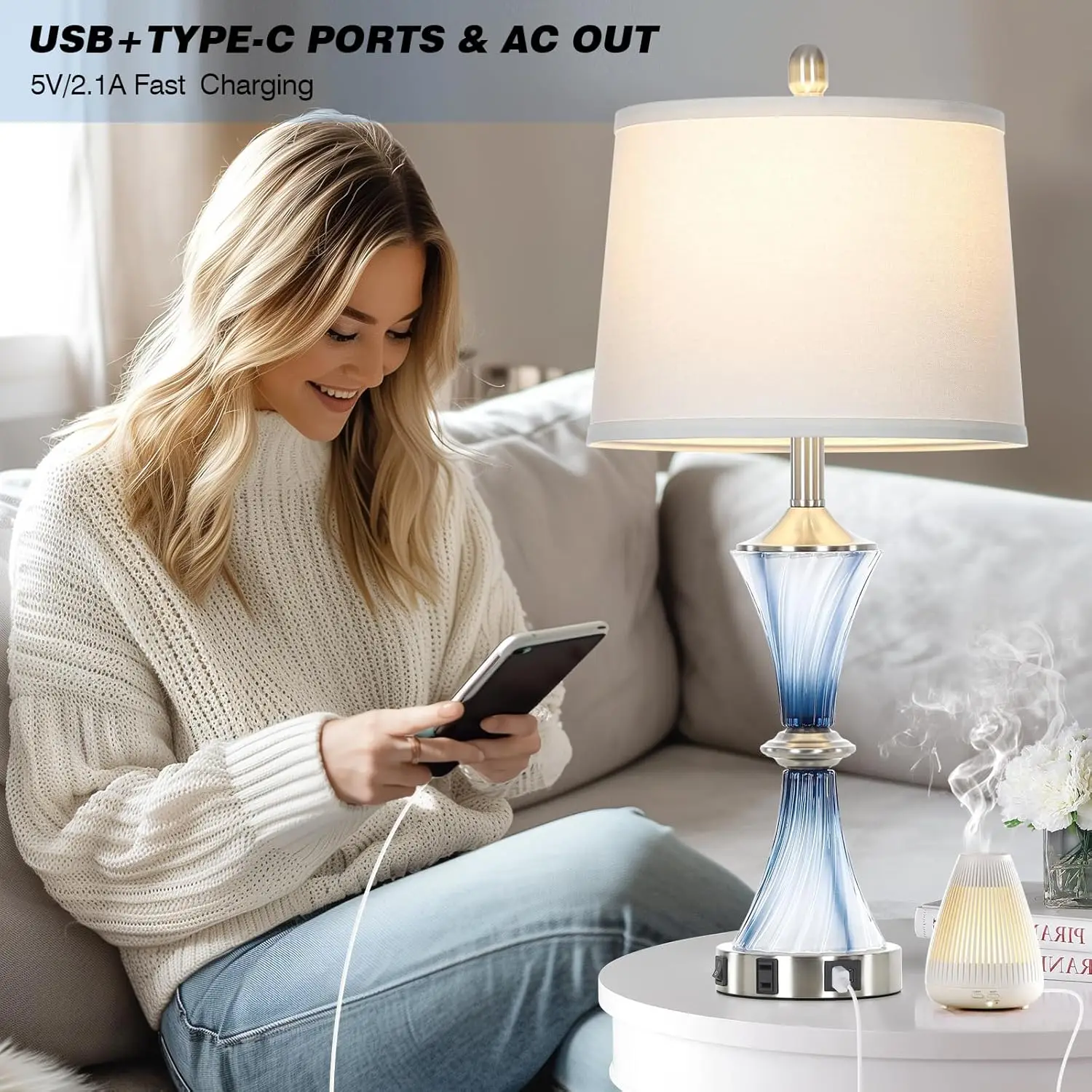 Blue Glass Table Lamp Set of 2 with USB-C & AC Outlet, Modern Bedroom Nightstand Lamp, LED Included