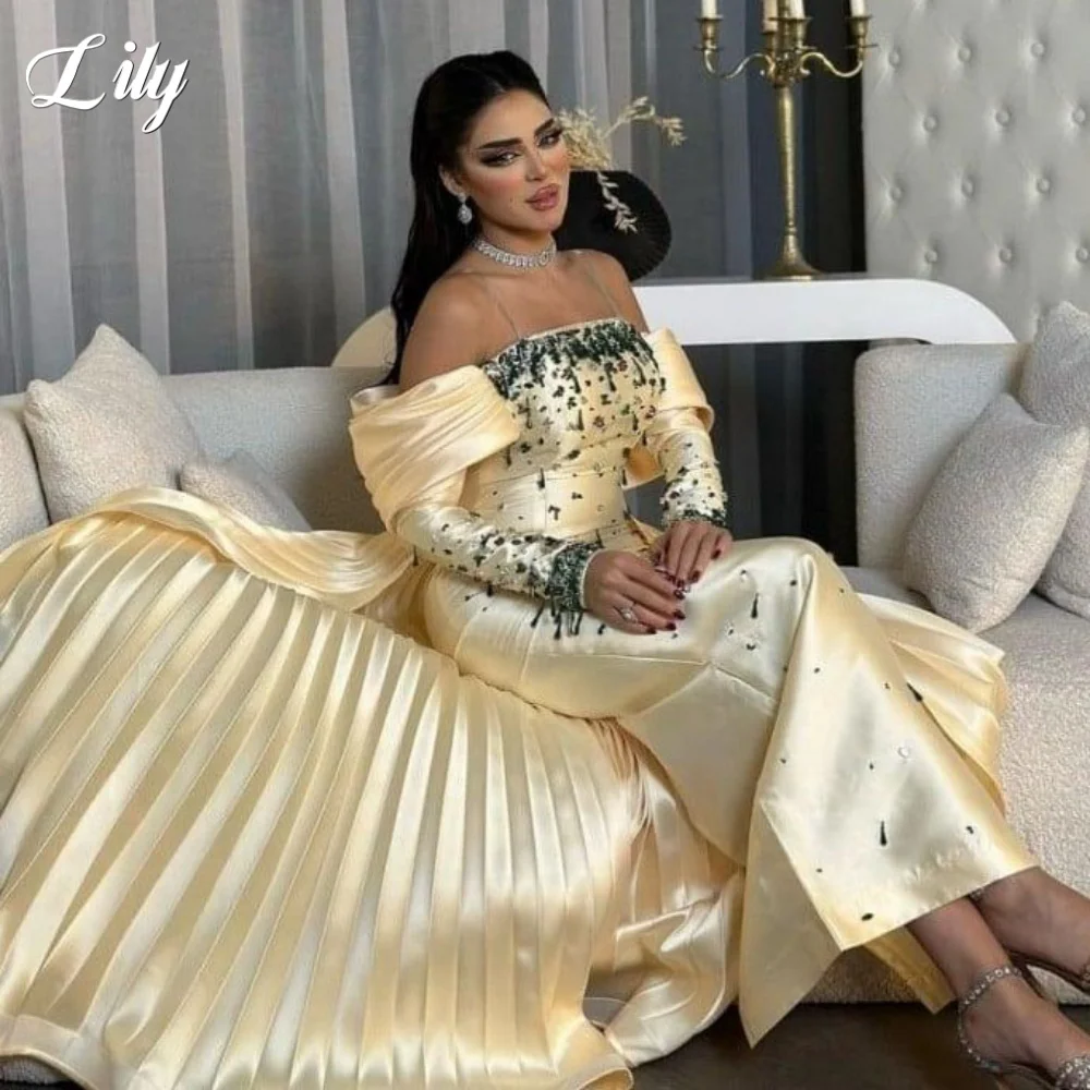 

Лилия Желтое вечернее платье Русалка Вечерние платья с открытыми плечами Атласное праздничное платье с бисером فساتين السهرة Индивидуальные