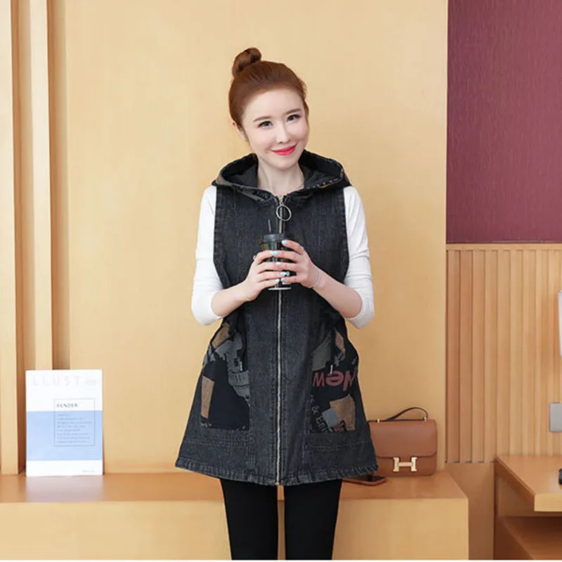 

Color Matching Denim Hooded Waistcoat Women's 2024 Spring New Loose Sleeveless Jacket Plus Size Female Casual Vest Outwear Tops