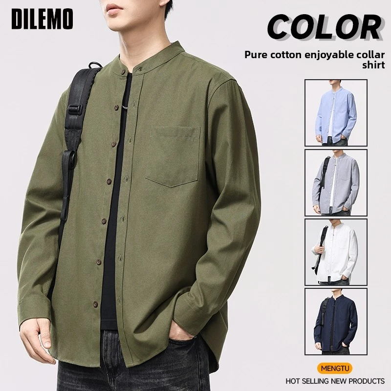 

Top Grade Henley Neck Shacket Breathable Streetwear Long Sleeve Shirt Stand Collar New Fashion Loose Trending Casual Spring