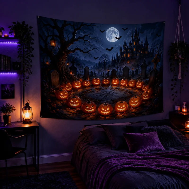 VIKAMA Magical Gothic Twilight Tapestry, Jack-o'-Lanterns, Harvest Moon, and Flocks of Bats Wall Hanging, Home Decor