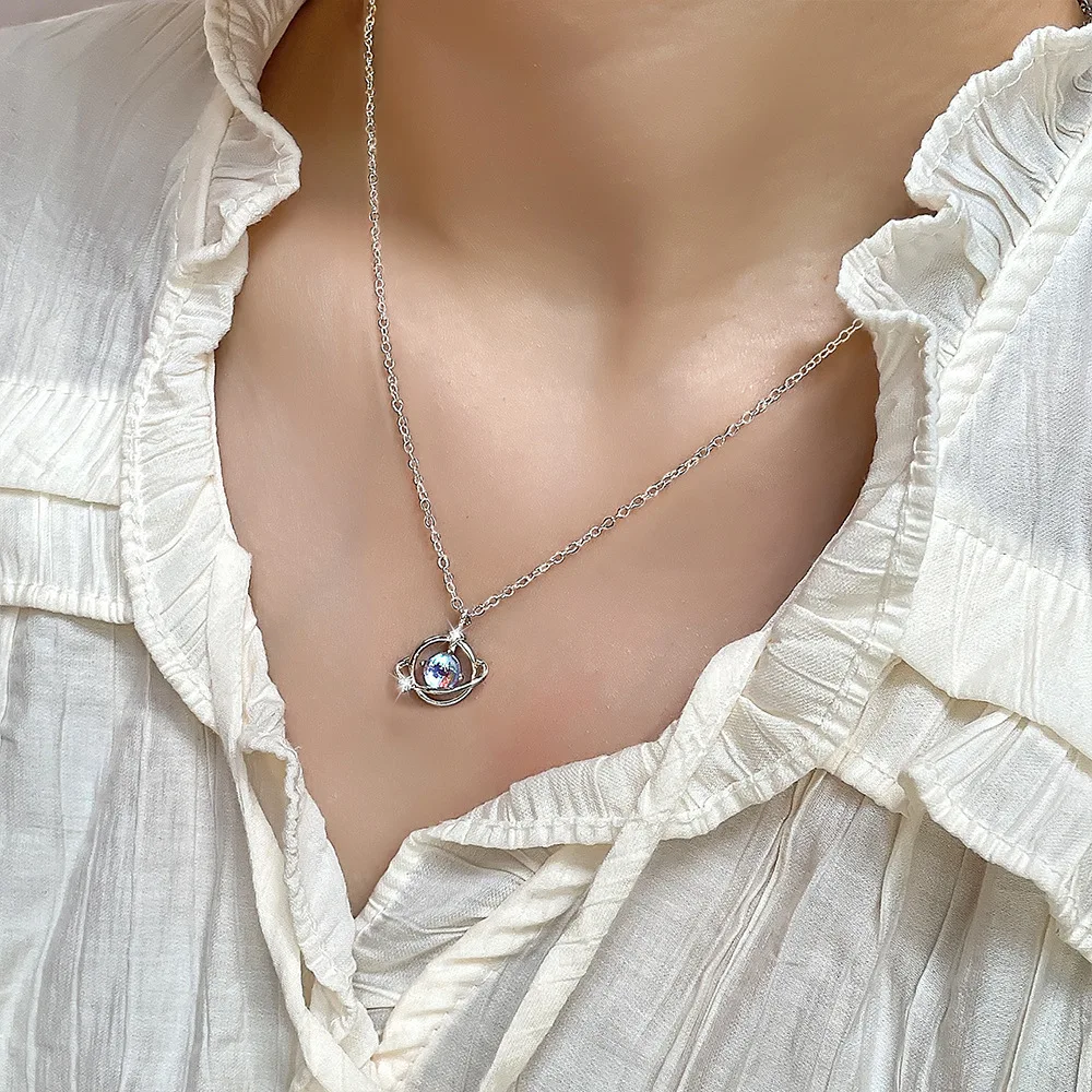 CIAXY Silver Color Moonstone Planet Necklaces for Women Hand Inlaid Zircon Star Pendant Clavicle Chain Choker  Jewelry