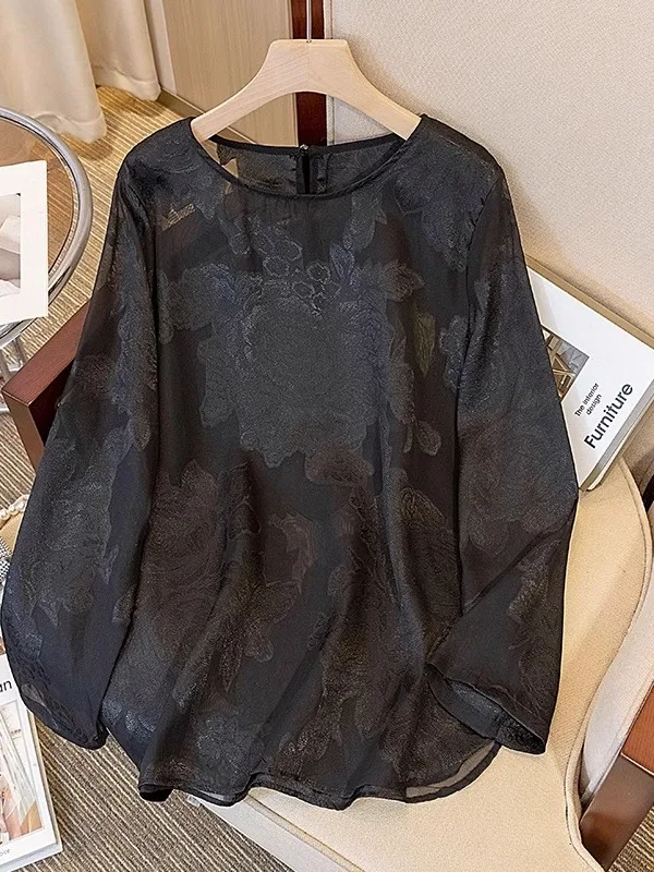 

New Chinese Style Large Size Women's Loose Fitted Floral Embroidery Chiffon Shirt Sun Protection Cover up Belly Concealing