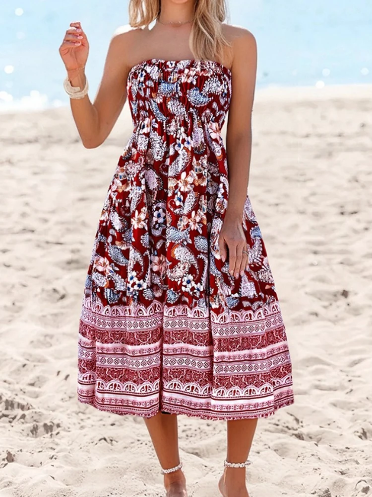 Vestido sin tirantes con estampado de flores estilo playero de verano, vestidos elegantes sin espalda, falda informal con cintura elástica, dos formas de usar 8032