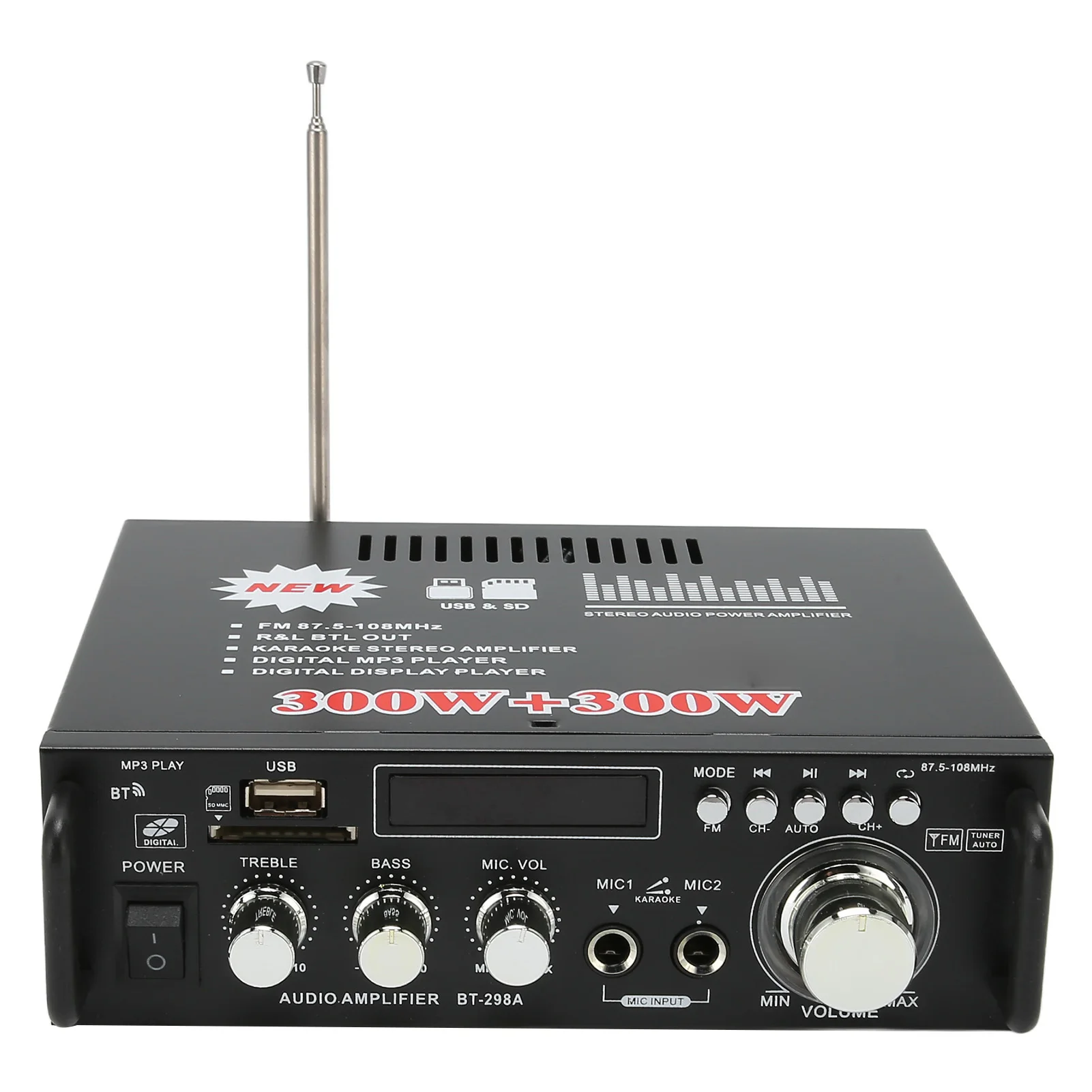 مكبر صوت قوي ممتاز 300 وات بلوتوث مع منفذ بطاقة ذاكرة USB وجهاز تحكم عن بعد وشاشة LED لنظام ستيريو منزلي