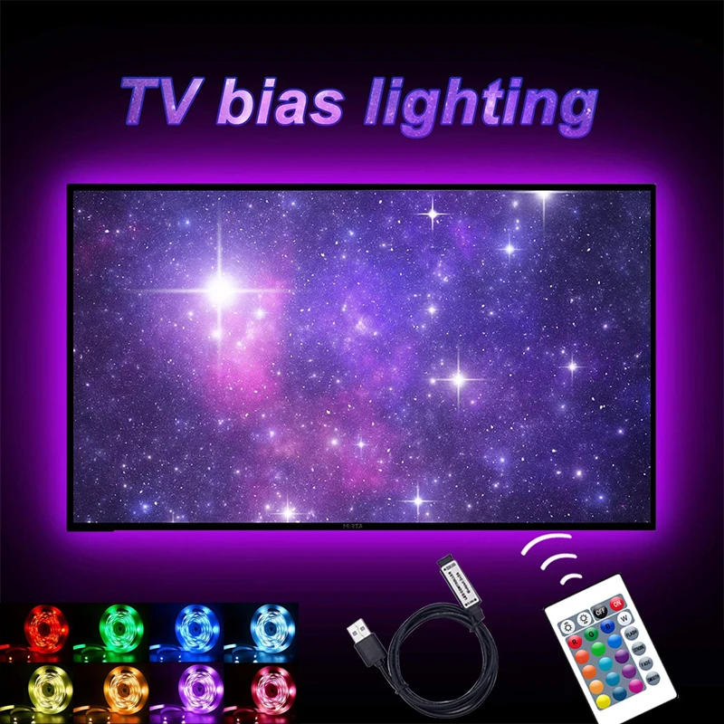 Bande Lumineuse LED RVB Intelligente pour Décoration de Salle Murale, Contrôleur RVB, Lampe Néon 24 Touches, 5V, USB, TV