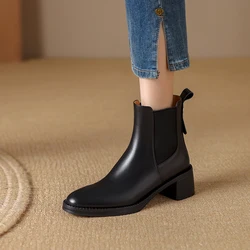 2024 New Autumn Black Women Boots Ankle Boots Genuine Leather Shoes for Women Chelsea Short Boots Chunky Heel Ladies Women Shoes