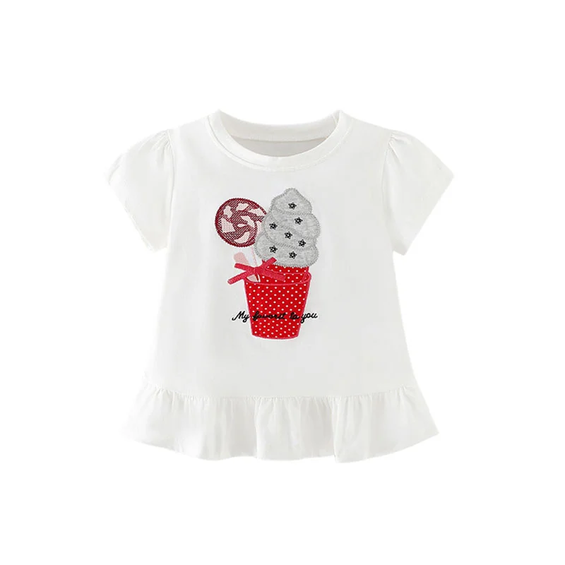 Jumping Meters 2-7T New Arrival Ice Cream Embroidery Hot Selling Cotton Summer Girls Tshirts Baby Clothes Children's Tees Tops