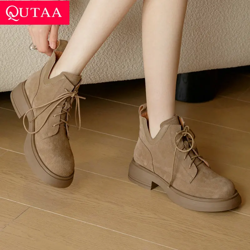 QUTAA 2024 Women Ankle Boots Thick Platforms Cow Suede Leather Shoes Woman Round Toe Casual Autumn Winter Short Boots Size 34-39