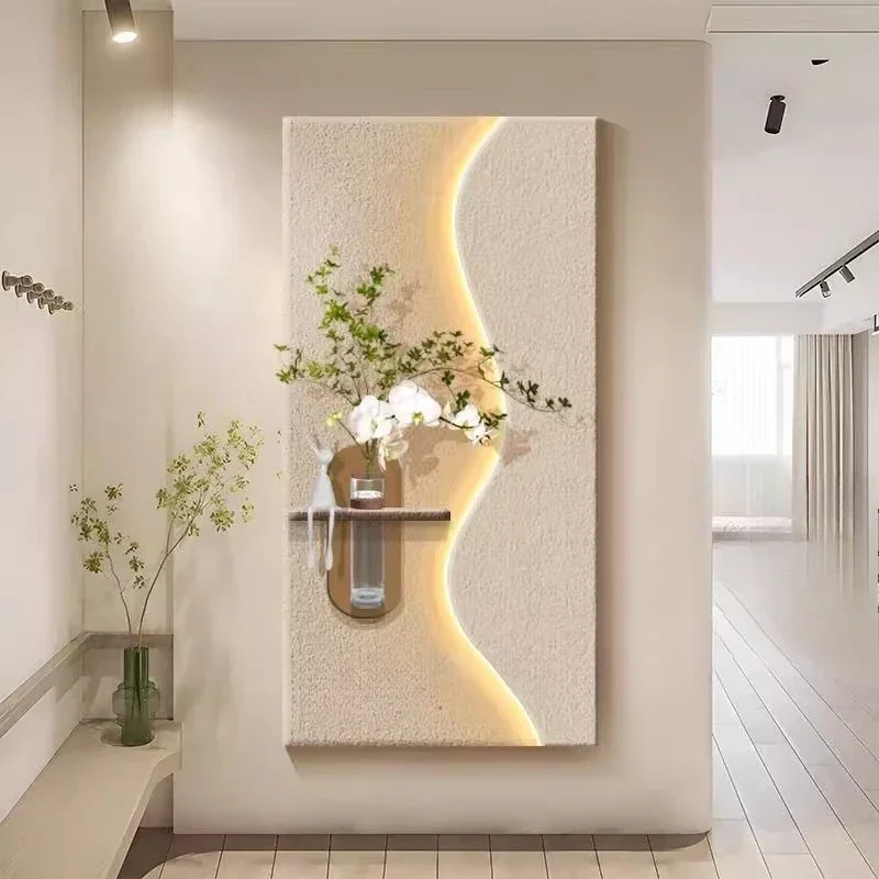 Pintura decorativa de entrada de viento en crema, plantas verdes hidropónicas para entrar en casa, pintura de iluminación Mural opuesto en la puerta
