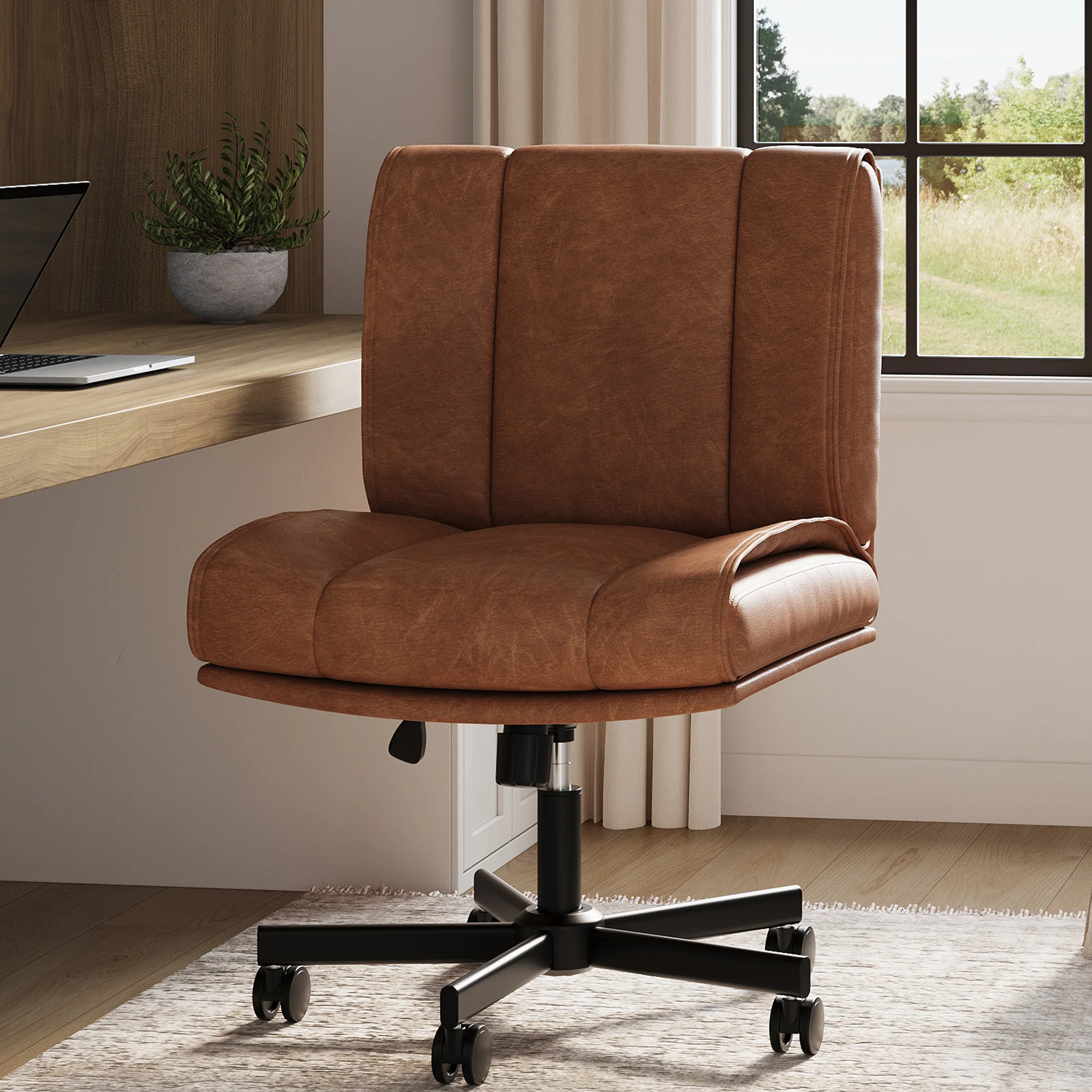 Criss-Cross-Stuhl mit Rollen, Armlehnenloser Büro-Drehstuhl mit Bequemem PU-Leder und Verstellbarer Rückenlehne und Höhe für Home Office
