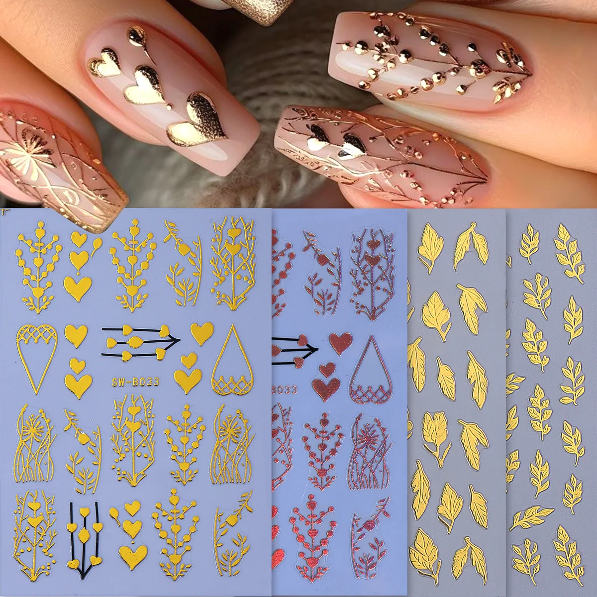 4 Uds. De pegatinas metálicas para uñas con forma de corazón, láser bronceado, hoja de planta de oro rosa, pegatina adhesiva con purpurina, deslizadores de manicura con clase de vida Simple