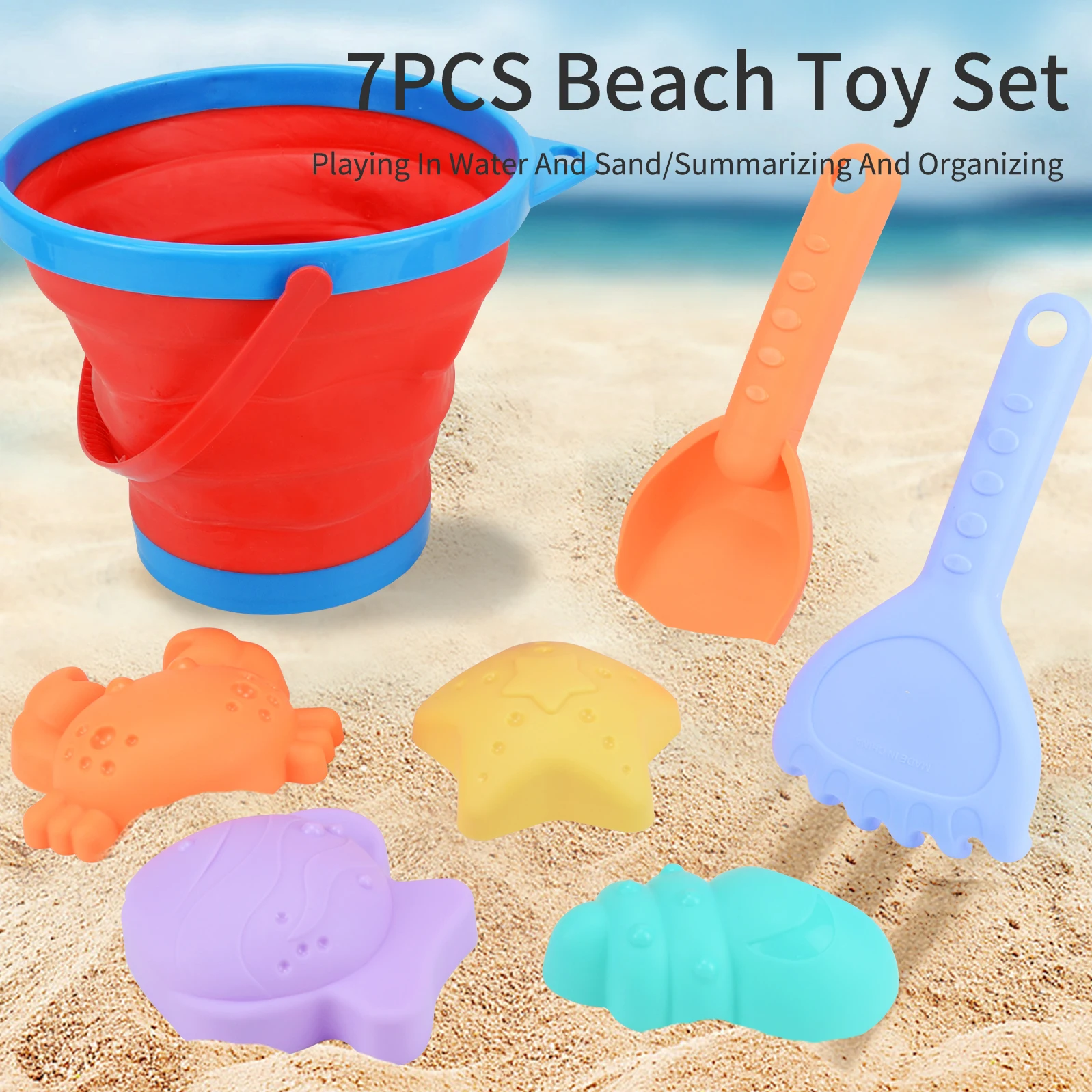 Collapsible Foldable Beach Sand Buckets and Shovels Set - Beach Toys for Kids & Sand Molds, Silicone Beach Sand Pails for Travel