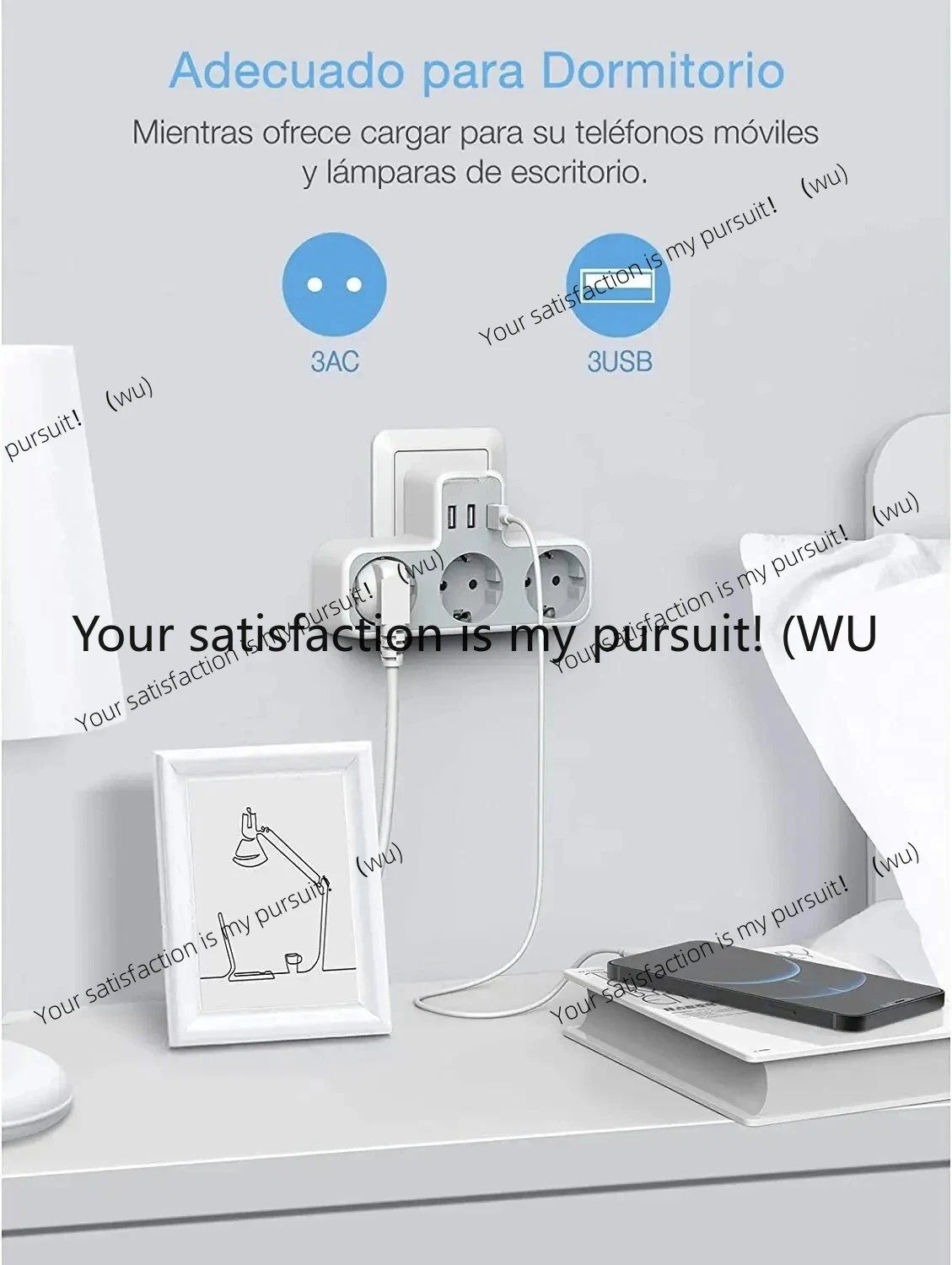 Plug Power Strip with 3 AC Outlets +3 USB Ports, 6 In 1 Wall Charger Power Socket Adapter Overload Protection for Home