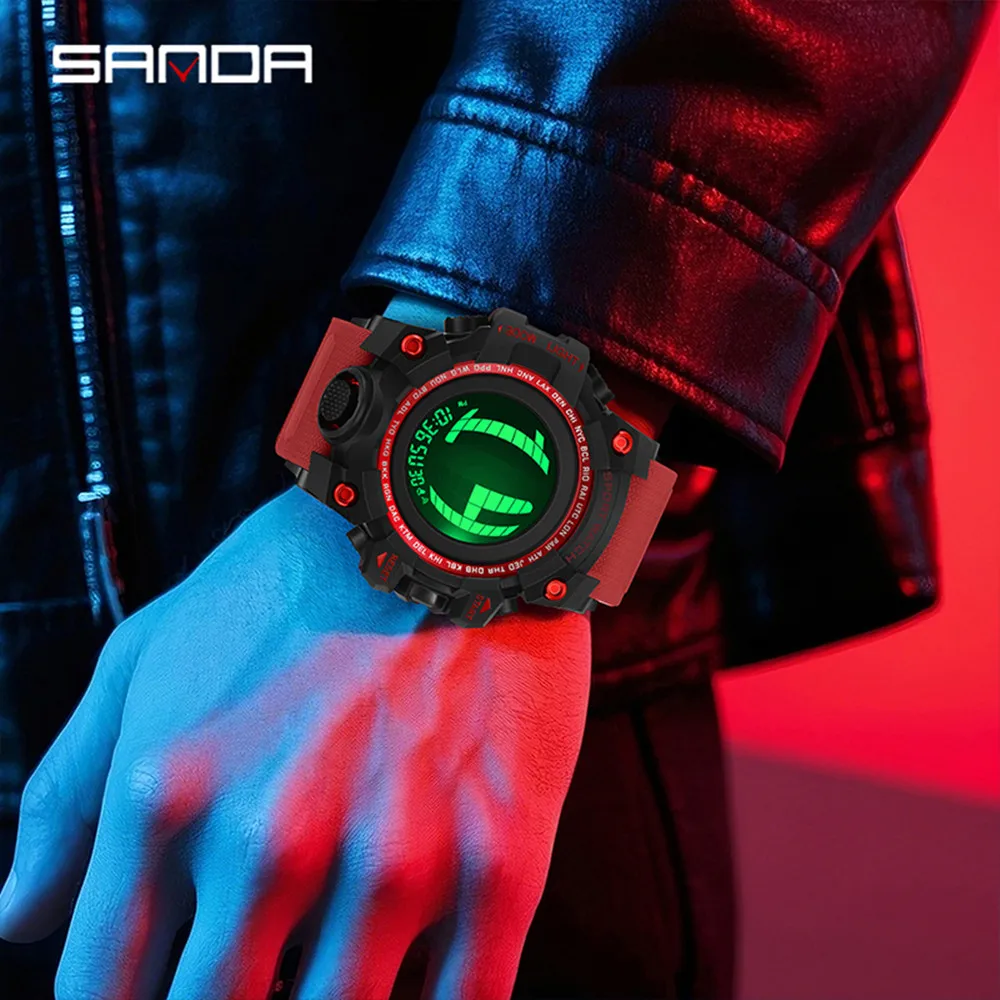 SANDA 2200 패션 남자 전자 디지털 시계 다기능 카운트다운 방수 LED 학생 전자 시계 알람 시계