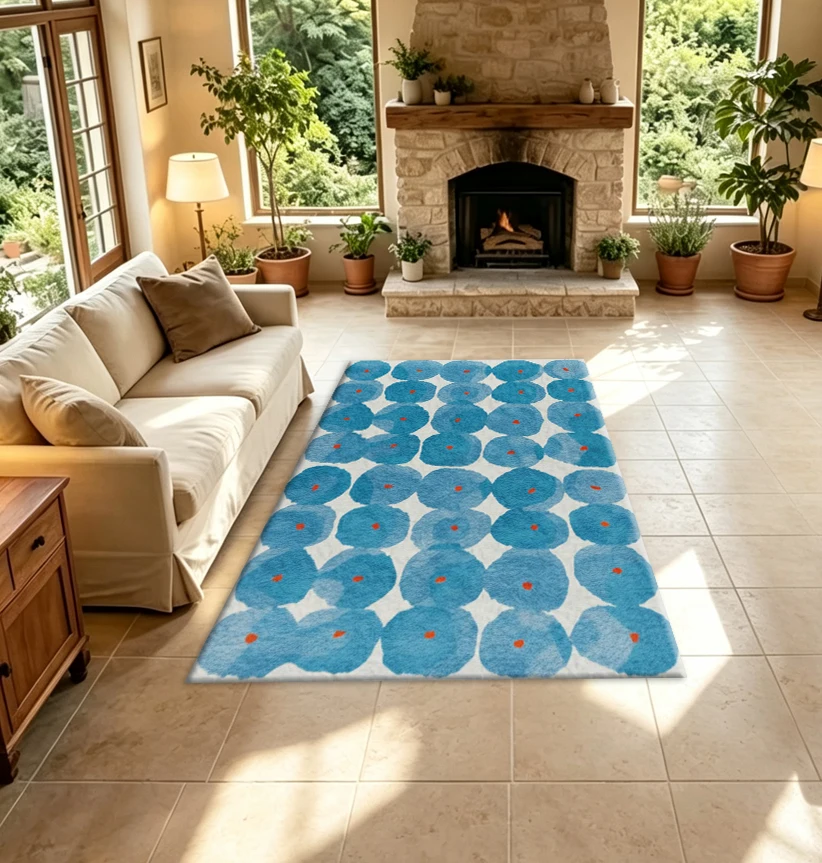 Watercolor Blue Dot Abstract Pattern Carpet Floor Hand Painted Oval Spot Print Floor Mat Modern Minimalist Indoor Home Carpet