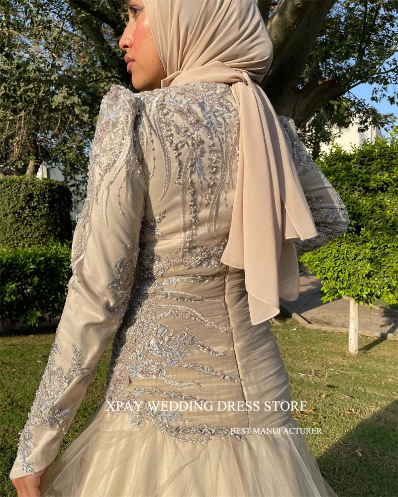 XPAY Modest Glitter Muslim Arabic Women Evening Dresses Long Sleeves O-Neck Tulle Prom Gowns Fomral Party Occasion Dress