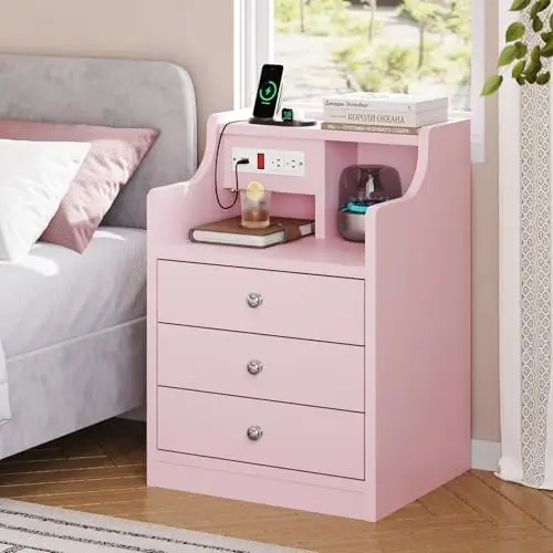 Pink Nightstand with Charging Station | Night Stand with Hutch,Bedside Table with Drawers,Bed Side Table with Storage