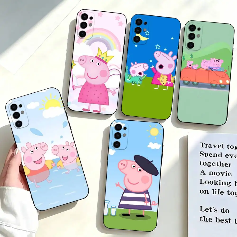Capa de Telefone Cartoon Rosa Peppa Pig para Samsung S25, S24, S21, S22, S23, S30, Ultra, S20, Plus, Fe, Capa de Silicone Macia Preta