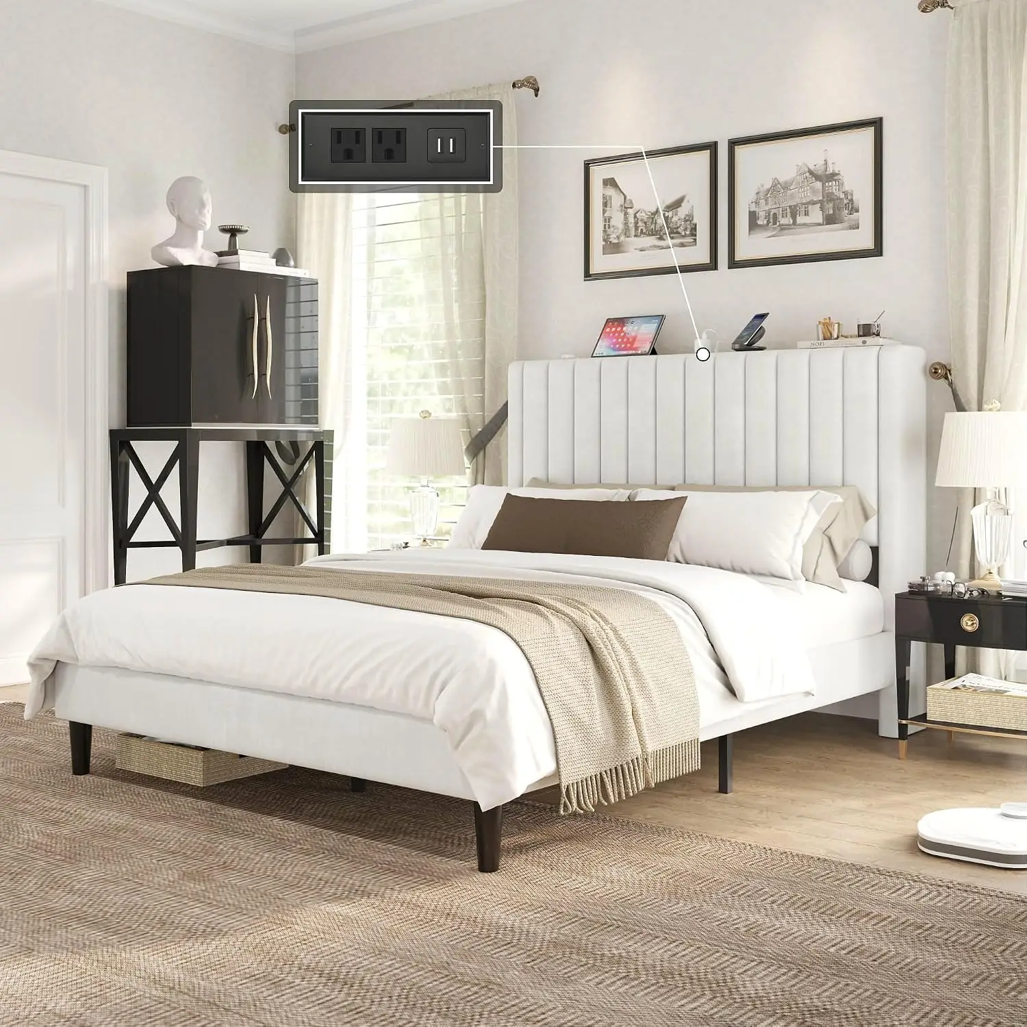 Queen Size Bed Frame, Velvet Upholstered Platform Bed with Channel Tufted Headboard, Mattress Foundation with Wood, Custom