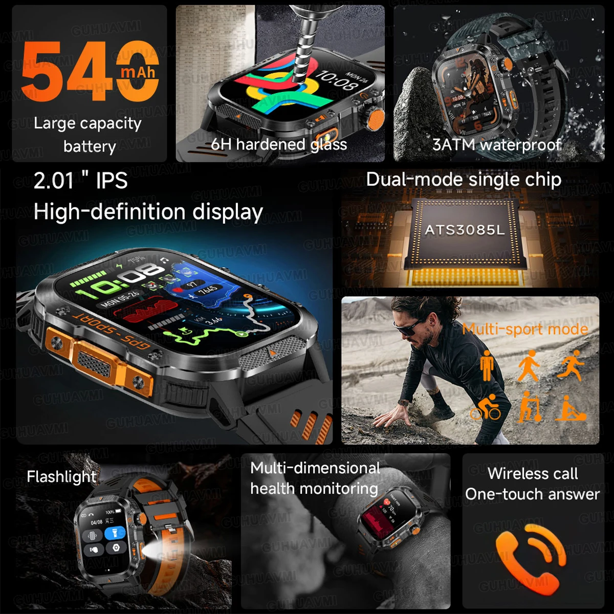 Montre connectée de sport GPS intégrée de qualité militaire, boussole, altimètre, fréquence cardiaque, batterie 540mAh, étanche 5ATM, appel HD, nouvelle collection