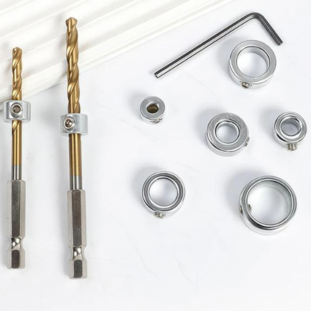 8pc Stainless Steel Depth Stop Collars for For drill Bits with Hex Key for Precise Depth Limitation on Power and Hand Tools