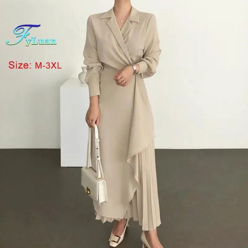 Vrouwen formele elegante shirtjurk retro lange effen kleur hoge taille jurk turn-down kraag lange mouw vrouwelijke woon-werkkleding