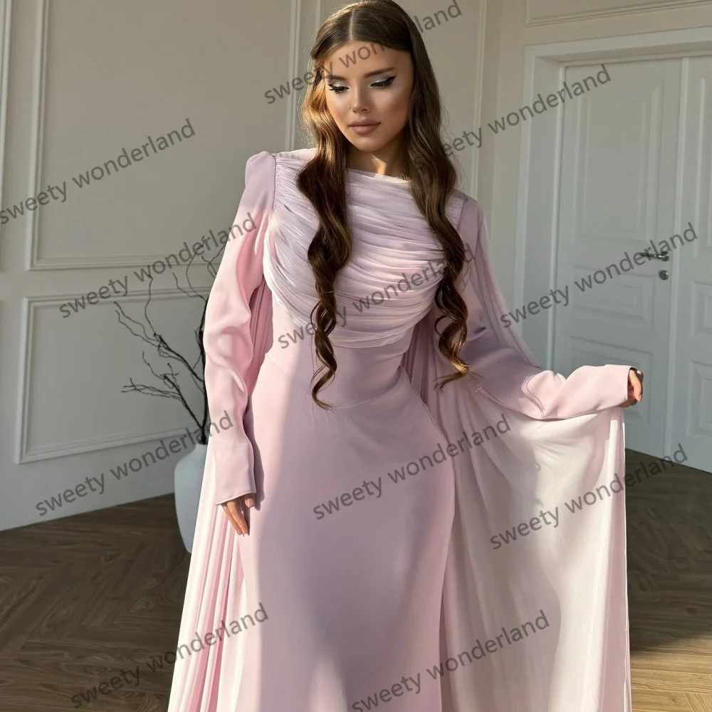 Lange Ärmel Abendkleider mit Schal Frau A-linie Falten Maxi Kleid vestido de novia Party Prom Kleid Angepasst