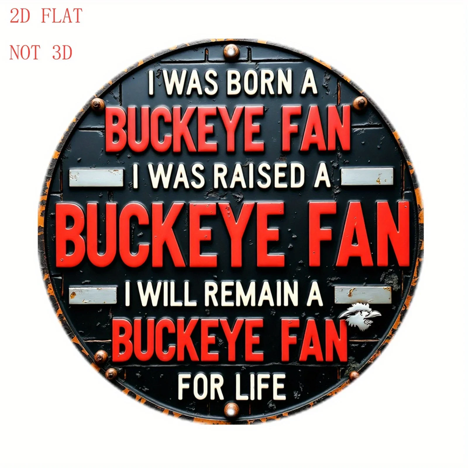 2D Flat, Vintage Buckeye Fan Sign-8 Inch Round Aluminum Wall Decor with 