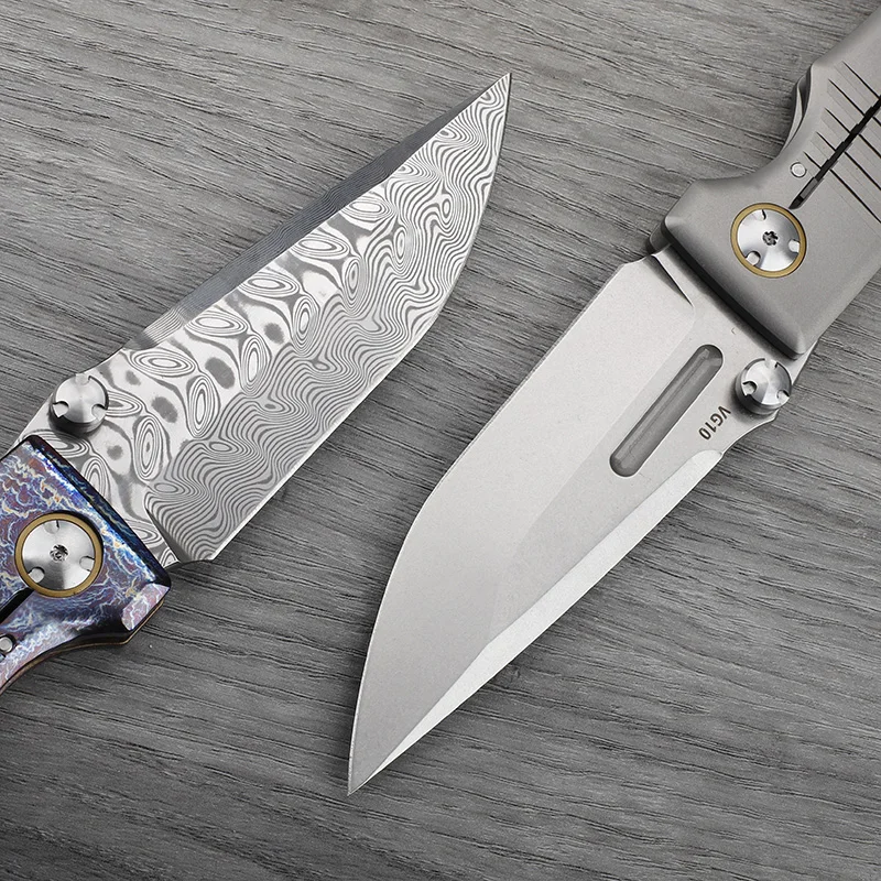 VG10/Damascus steel blade titanium alloy handle folding knife outdoor self-defense hunting camping hiking portable tool knife view 4