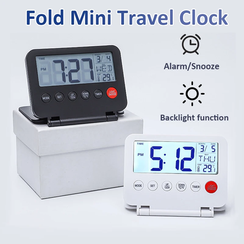 Fold Mini Travel LCD Clock Multi-function Electronic Clock With Calendar Backlight Digital LCD Thermometer Traveling Alarm Clock
