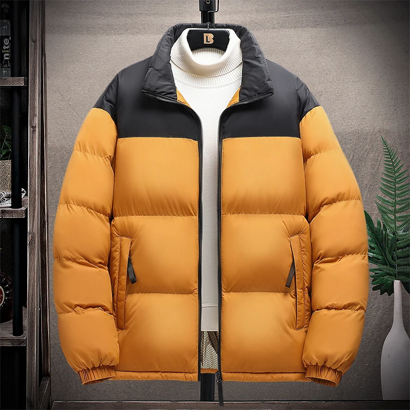 Parka invernale da uomo color block alla moda, colletto alla coreana, giacche in cotone maschile antivento, abbigliamento da uomo caldo addensato di alta qualità