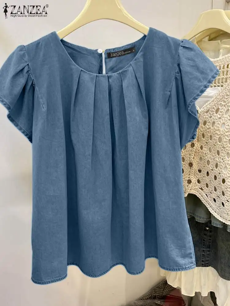 

ZANZEA Summer Denim Blue Blouse Fashion Korean Women Casual Shirt Solid O Neck Short Sleeve Work Tops Tunic Loose Party Blusas