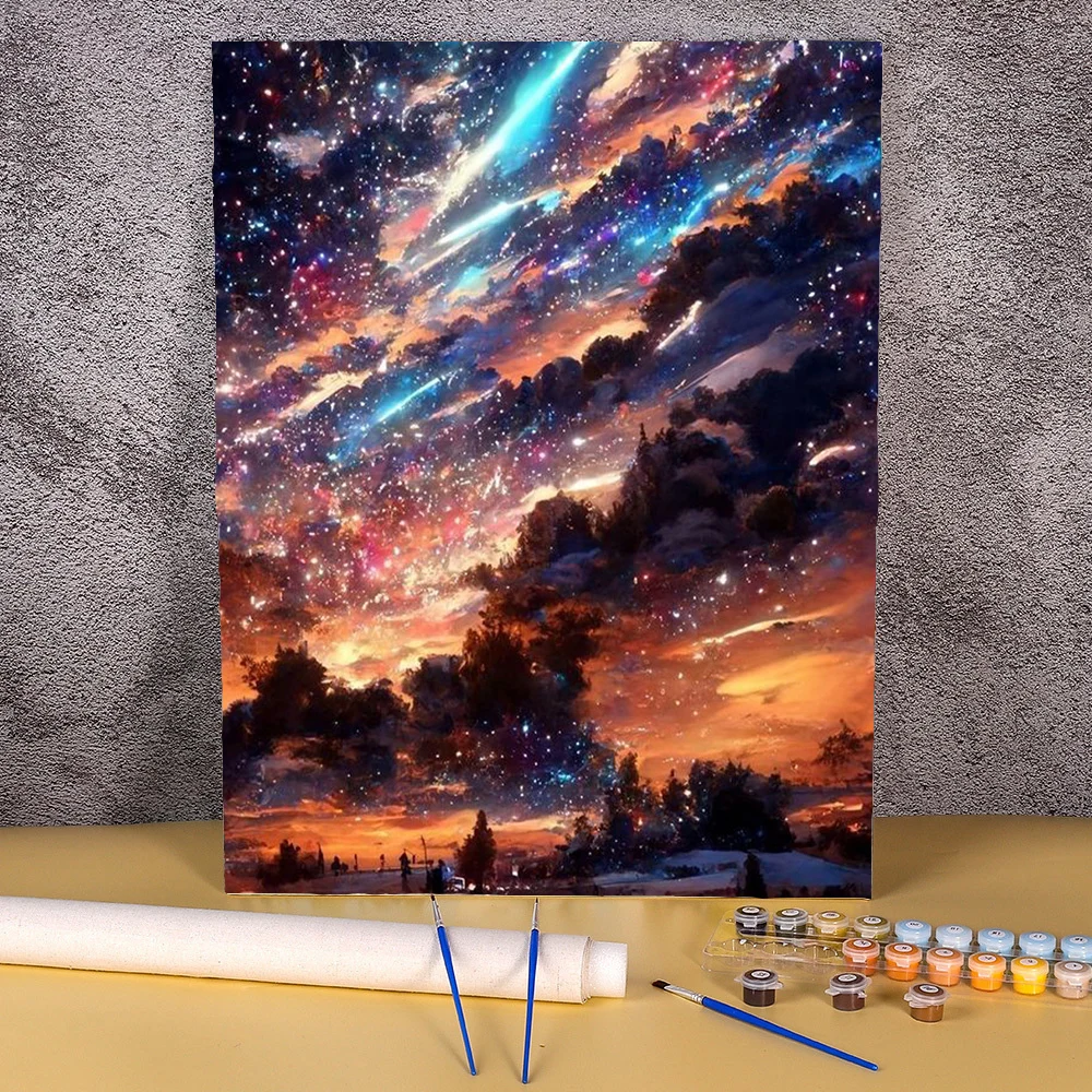 숫자 별 추상 회화 완료 키트, 하늘 별이 빛나는 풍경, 숫자 그림 풍경 DIY 선물, 숫자 40x50cm