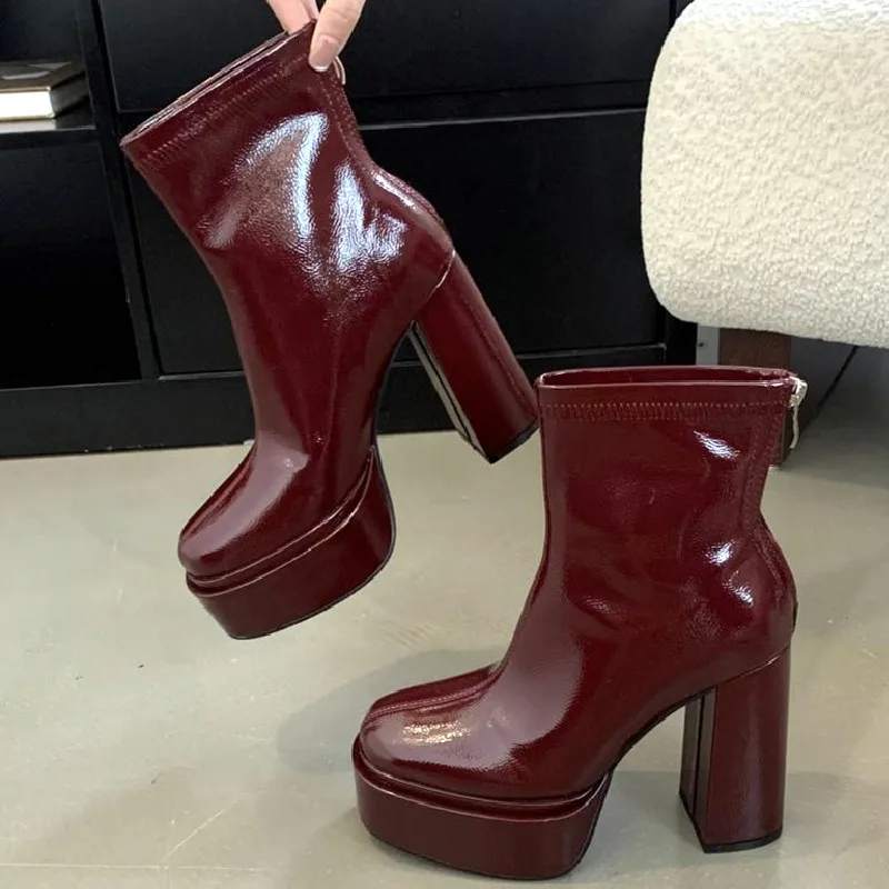 

Осень-зима 2026, ботильоны на очень высоком каблуке, женские ботинки из лакированной кожи на молнии, дизайнерские ботинки на платформе в стиле панк, вечерние туфли на массивном каблуке