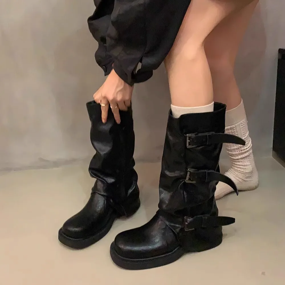 Retro thick-heeled mid-high black boots Western cowboy boots, rider boots early autumn women's boots C616