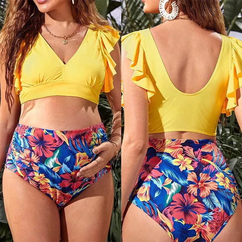 Maillot de bain taille haute pour femme enceinte, ensemble bikini, vêtements de plage, été